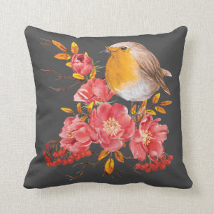 Yellow robin and red poppies throw pillow