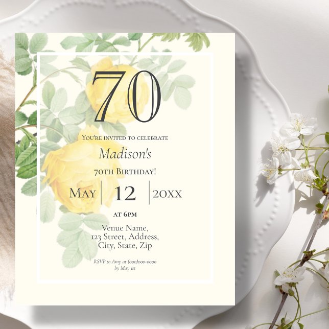 Yellow Rose 70th Budget Birthday Invitation (Creator Uploaded)