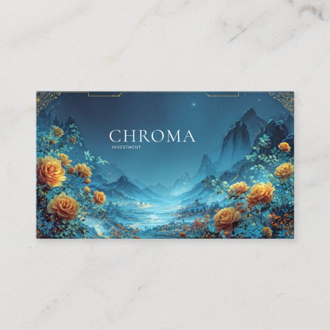 Yellow Rose and Mountain Village Twilight Business Card (Front)