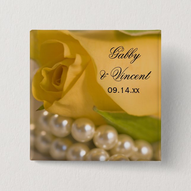 Yellow Rose and White Pearls Wedding 2 Inch Square Button (Front)