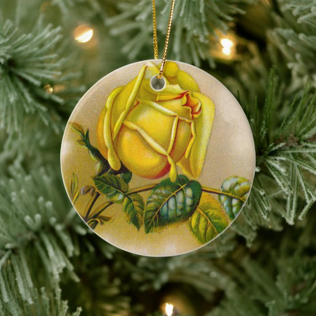 Yellow Rose Antique Vintage Print Fine Art Ceramic Ornament (Tree)