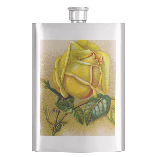 Yellow Rose Antique Vintage Print Fine Art Hip Flask (Front)