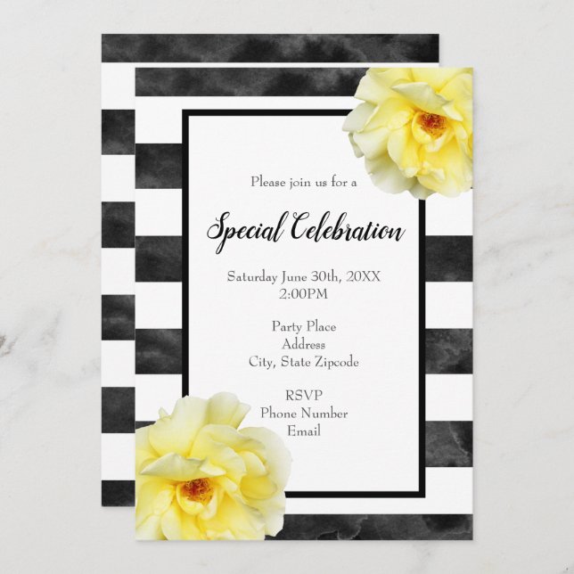 Yellow Rose, Black and White Watercolor Stripes Invitation (Front/Back)