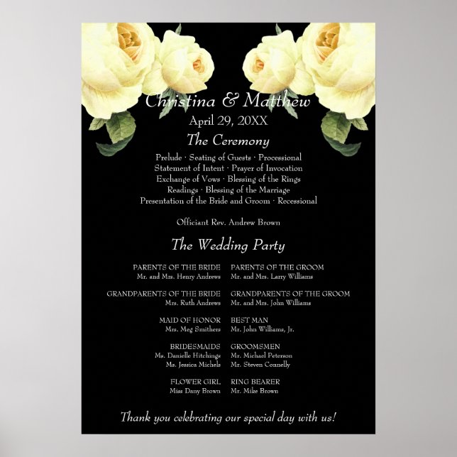 Yellow Rose black vintage Wedding Ceremony Program Poster (Front)