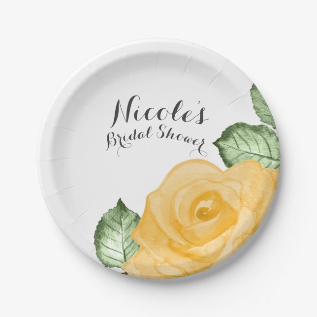 Yellow Rose Bridal Shower Elegant Party Wedding Paper Plate (Front)
