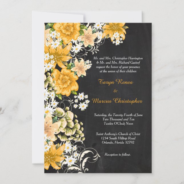 Yellow Rose Chalkboard 5x7 Wedding Invitation (Front)