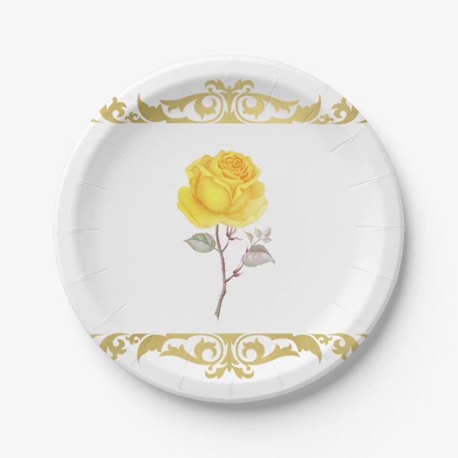 Yellow Rose & Elegant Gold Birthday Party Paper Plate (Front)