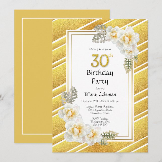 Yellow Rose Floral Gold Border 30th Birthday Invitation (Front/Back)