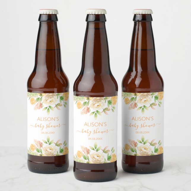 Yellow Rose Floral Greenery Girl Baby Shower Beer Bottle Label (Bottles)