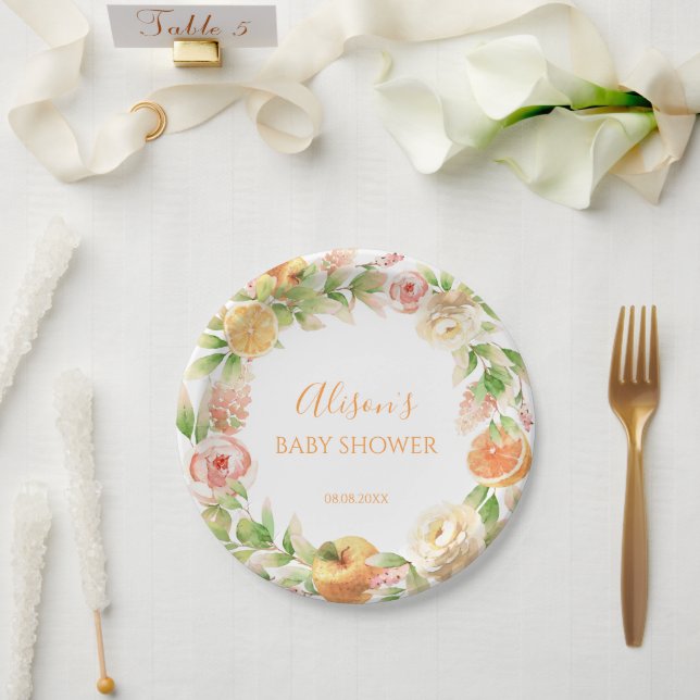 Yellow Rose Floral Greenery Girl Baby Shower Paper Plate (Wedding)