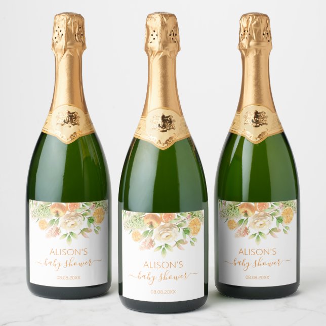 Yellow Rose Floral Greenery Girl Baby Shower Sparkling Wine Label (Bottles)