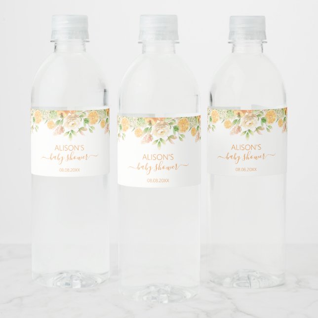 Yellow Rose Floral Greenery Girl Baby Shower Water Bottle Label (Bottles)