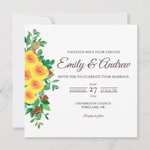 Yellow Rose Floral Watercolor Square Wedding Invitation