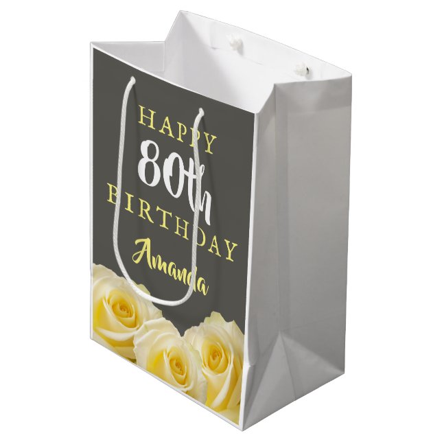 Yellow Rose Flower Floral 80th Birthday  Medium Gi Medium Gift Bag (Front Angled)