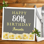 Yellow Rose Flower Floral 80th Birthday  Napkin<br><div class="desc">Yellow Rose Flower Floral 80th Birthday Party Napkins. Beautiful yellow roses. The background is chalkboard grey. The text is in white and yellow colours and is easily customizable -  personalize it with your name and age. Perfect for a woman`s eightieth birthday party.</div>