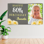 Yellow Rose Flower Floral 80th Birthday Photo Banner<br><div class="desc">Yellow Rose Flower Floral 80th Birthday Photo Banner. Beautiful yellow roses. The background is chalkboard grey. The text is in white and yellow colours and is easily customizable -  personalize it with your photo,  name and age. Perfect for a woman who is celebrating her eightieth birthday.</div>