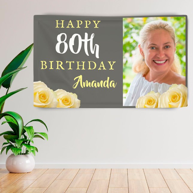 Yellow Rose Flower Floral 80th Birthday Photo Banner (Creator Uploaded)