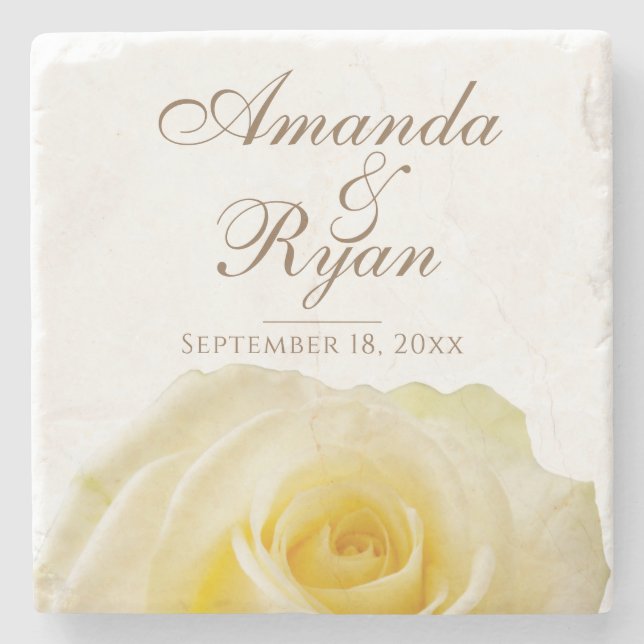Yellow Rose Flower Floral Bride Groom Wedding Date Stone Coaster (Front)