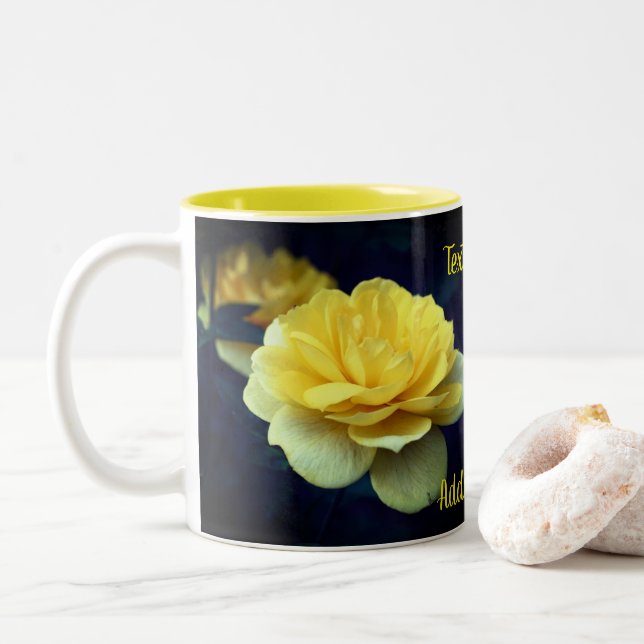 Yellow Rose Flower Personalized Two-Tone Coffee Mug (With Donut)