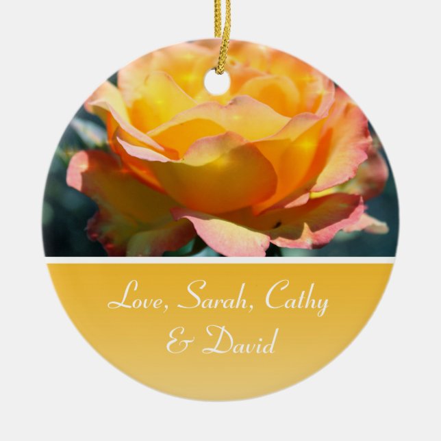 Yellow rose flower wedding anniversary ceramic ornament (Front)