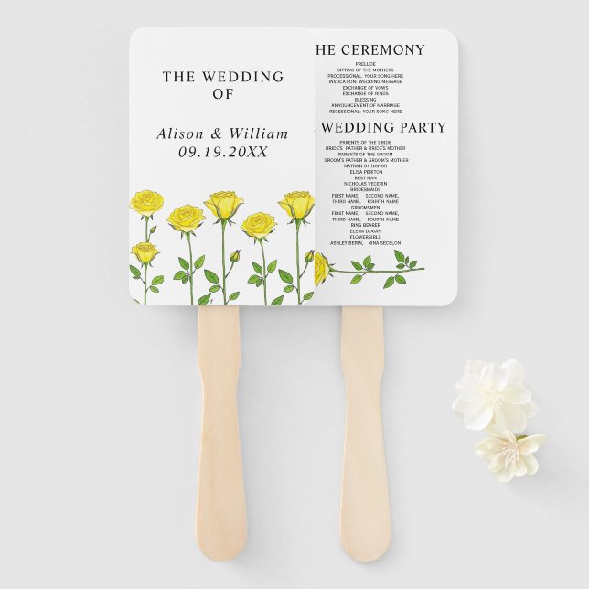 Yellow rose flowers floral spring wedding program hand fan (Front and Back)