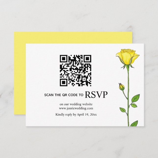 Yellow rose flowers QR code floral wedding RSVP Card (Front/Back)