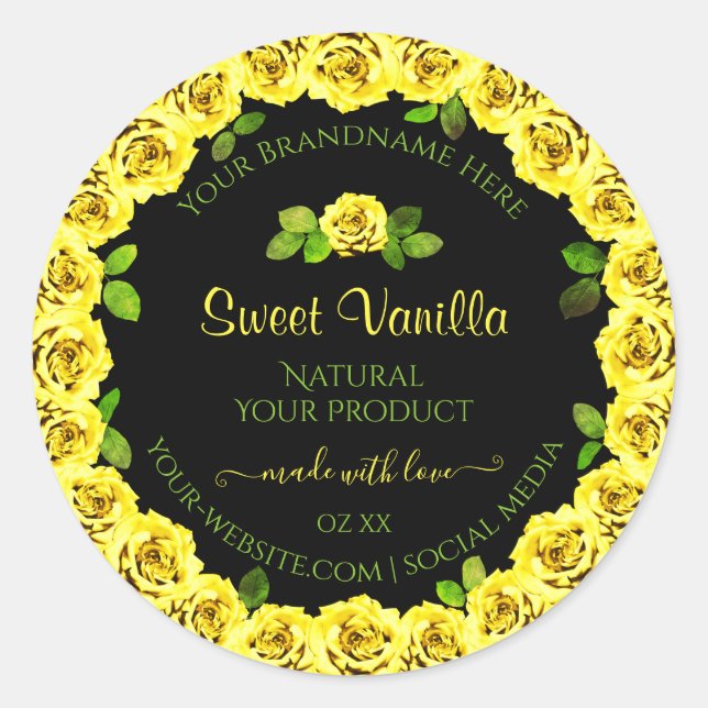 Yellow Rose Frame on Black Product Packaging Label (Front)