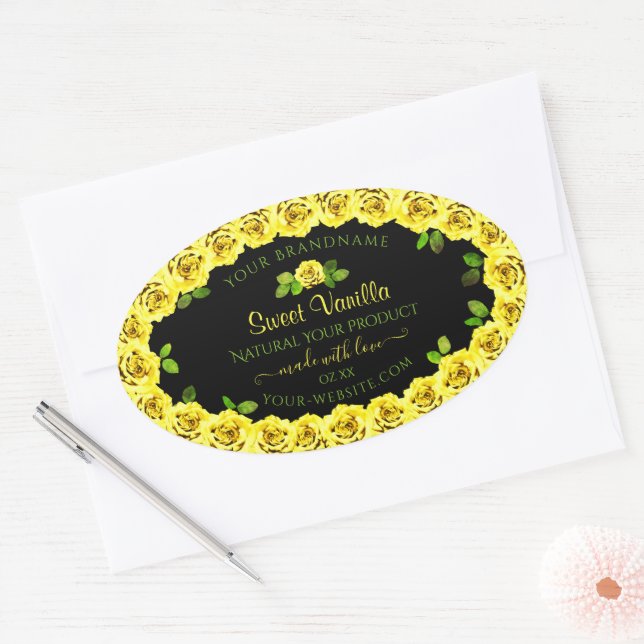 Yellow Rose Frame on Black Product Packaging Label (Envelope)
