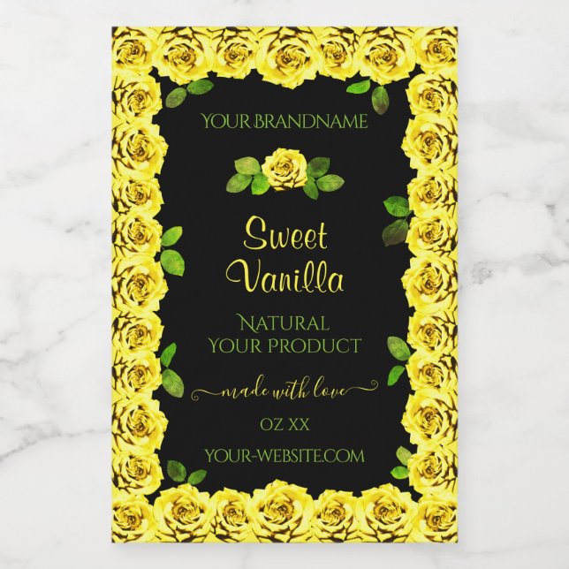 Yellow Rose Frame on Black Product Packaging Label (Single Label)