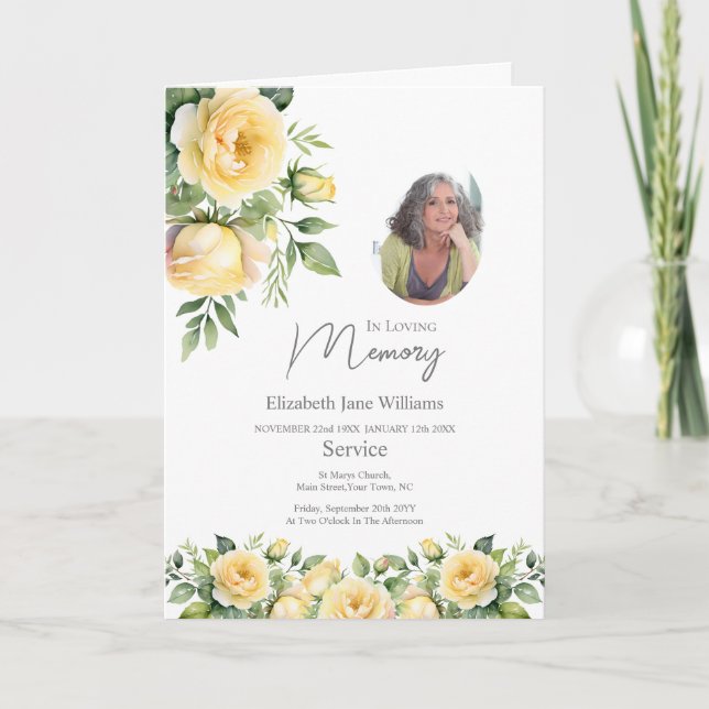 Yellow Rose Funeral Order of Service Photo  Card (Front)