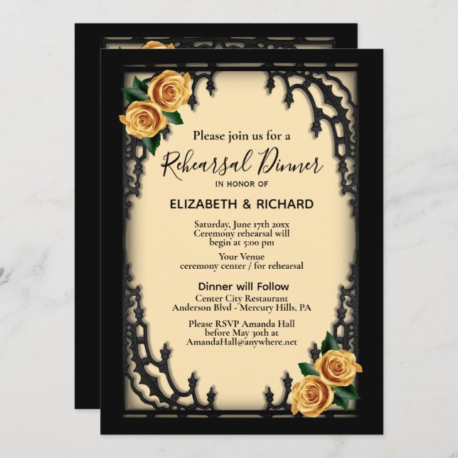 Yellow Rose Gothic Rehearsal Dinner Yellow Invitation (Front/Back)
