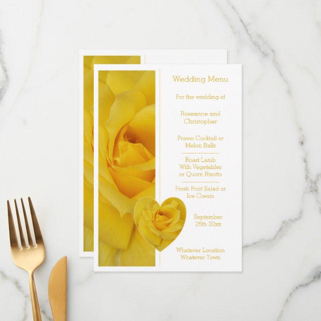 Yellow Rose Heart Design Wedding Menu (Front/Back In Situ)