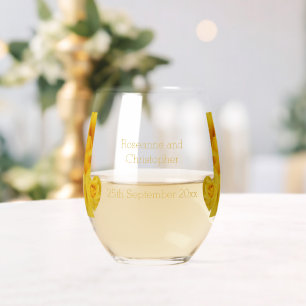 Yellow Rose Heart Design Wedding Stemless Wine Glass