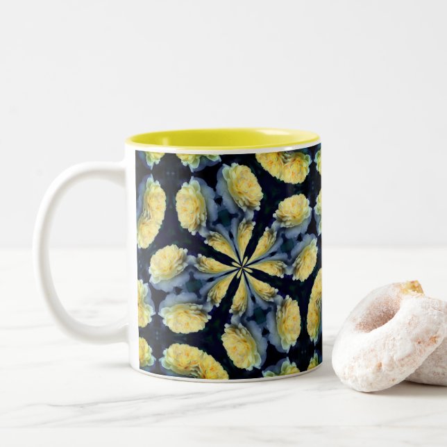Yellow Rose Kaleidoscope Flower Art Two-Tone Coffee Mug (With Donut)