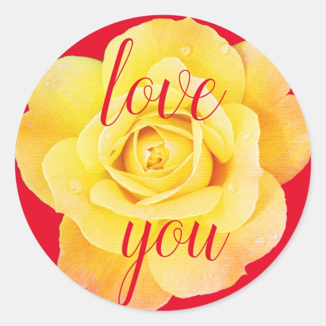 Yellow Rose Love You Floral Red Custom Cute Classic Round Sticker (Front)