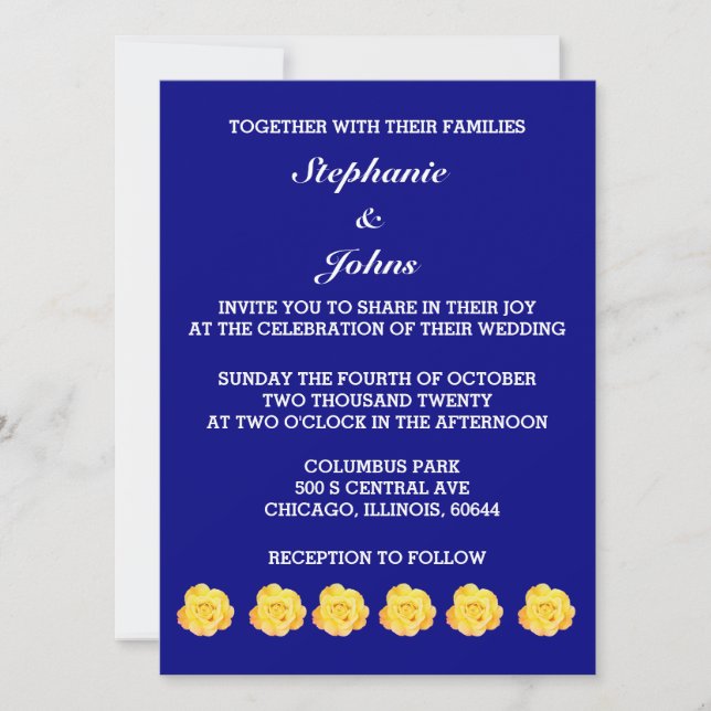 Yellow Rose Navy Blue Floral Wedding Pretty Bright Invitation (Front)