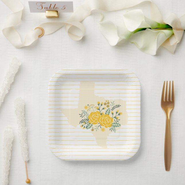 Yellow Rose of Texas - Gingham State with Roses Paper Plate (Wedding)