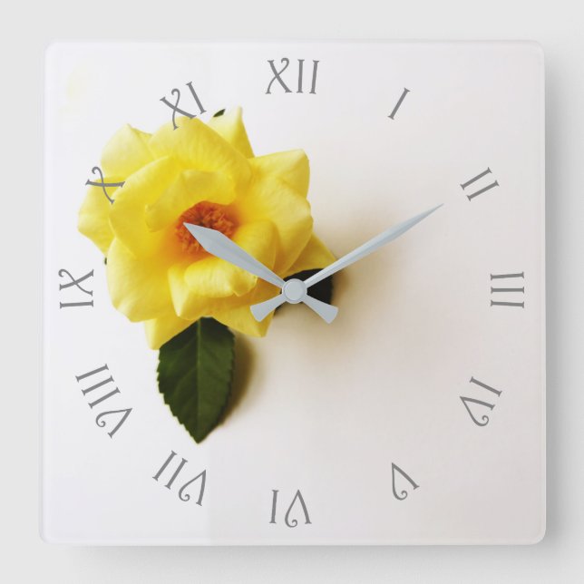 Yellow Rose On White Grey Script Roman wcm Square Wall Clock (Front)