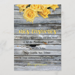 Yellow Rose Over Wooden Background in Spanish Invitation