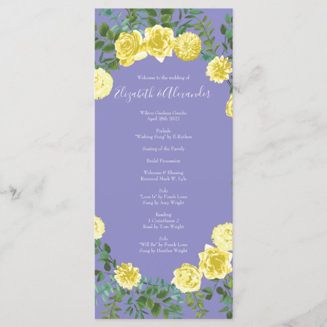 Yellow Rose & Purple Periwinkle Wedding Menu (Front)