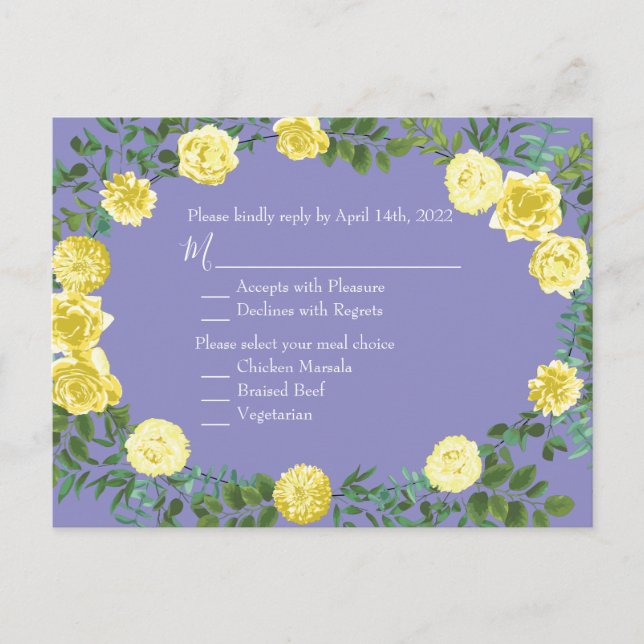 Yellow Rose & Purple Periwinkle Wedding Postcard (Front)