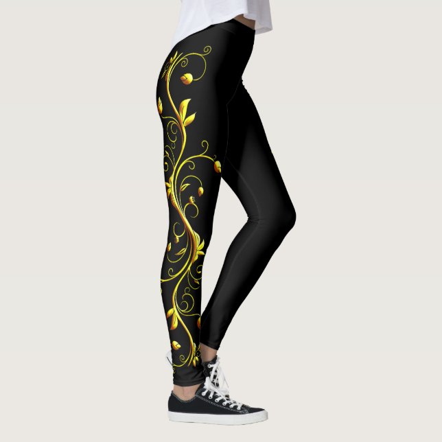 Yellow Rose Silhouette on Black Leggings (Right)