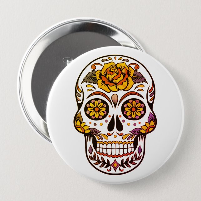 Yellow Rose Sugar Skull 4 Inch Round Button (Front & Back)