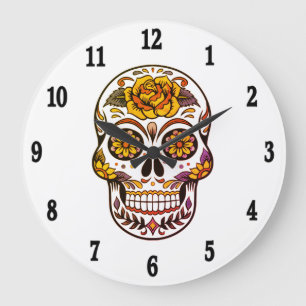 Yellow Rose Sugar Skull Black Numbers Large Clock