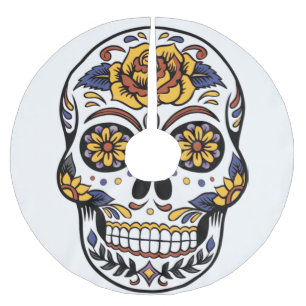 Yellow Rose Sugar Skull Brushed Polyester Tree Skirt