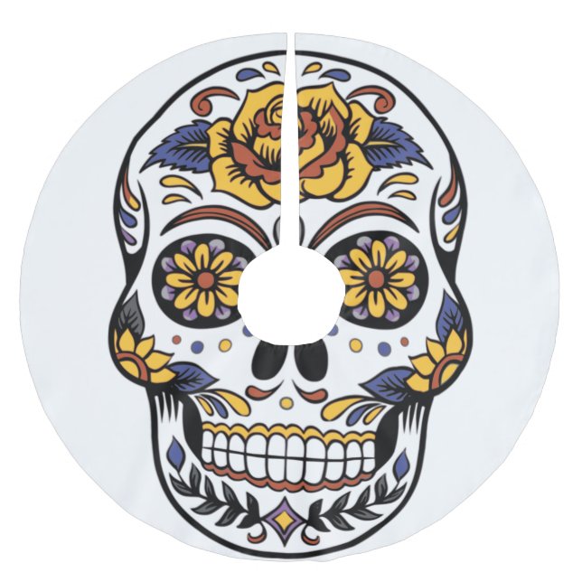 Yellow Rose Sugar Skull Brushed Polyester Tree Skirt (Front)