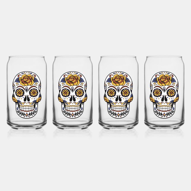Yellow Rose Sugar Skull Can Glass (Front)