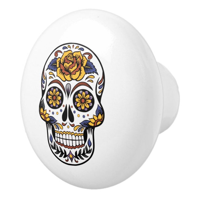 Yellow Rose Sugar Skull Ceramic Knob (Right)