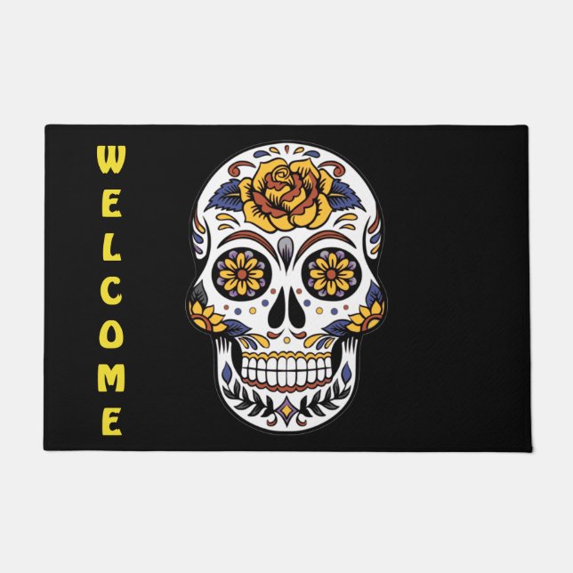 Yellow Rose Sugar Skull Monogram Doormat (Front)
