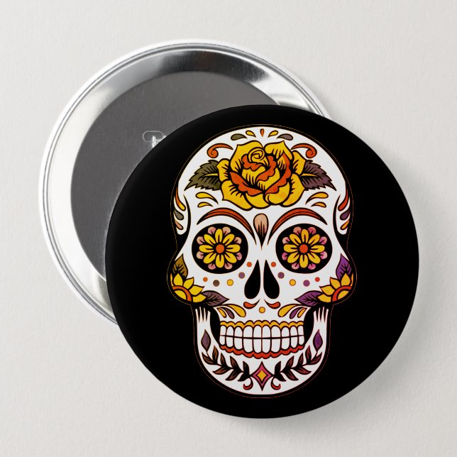 Yellow Rose Sugar Skull on Black 4 Inch Round Button (Front & Back)